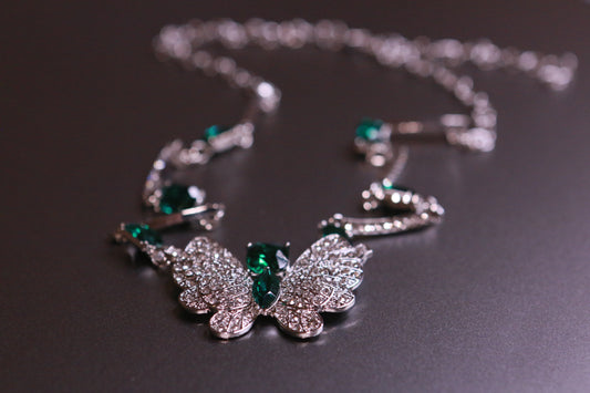 Diamond-Encrusted Butterfly Green Gemstone Necklace