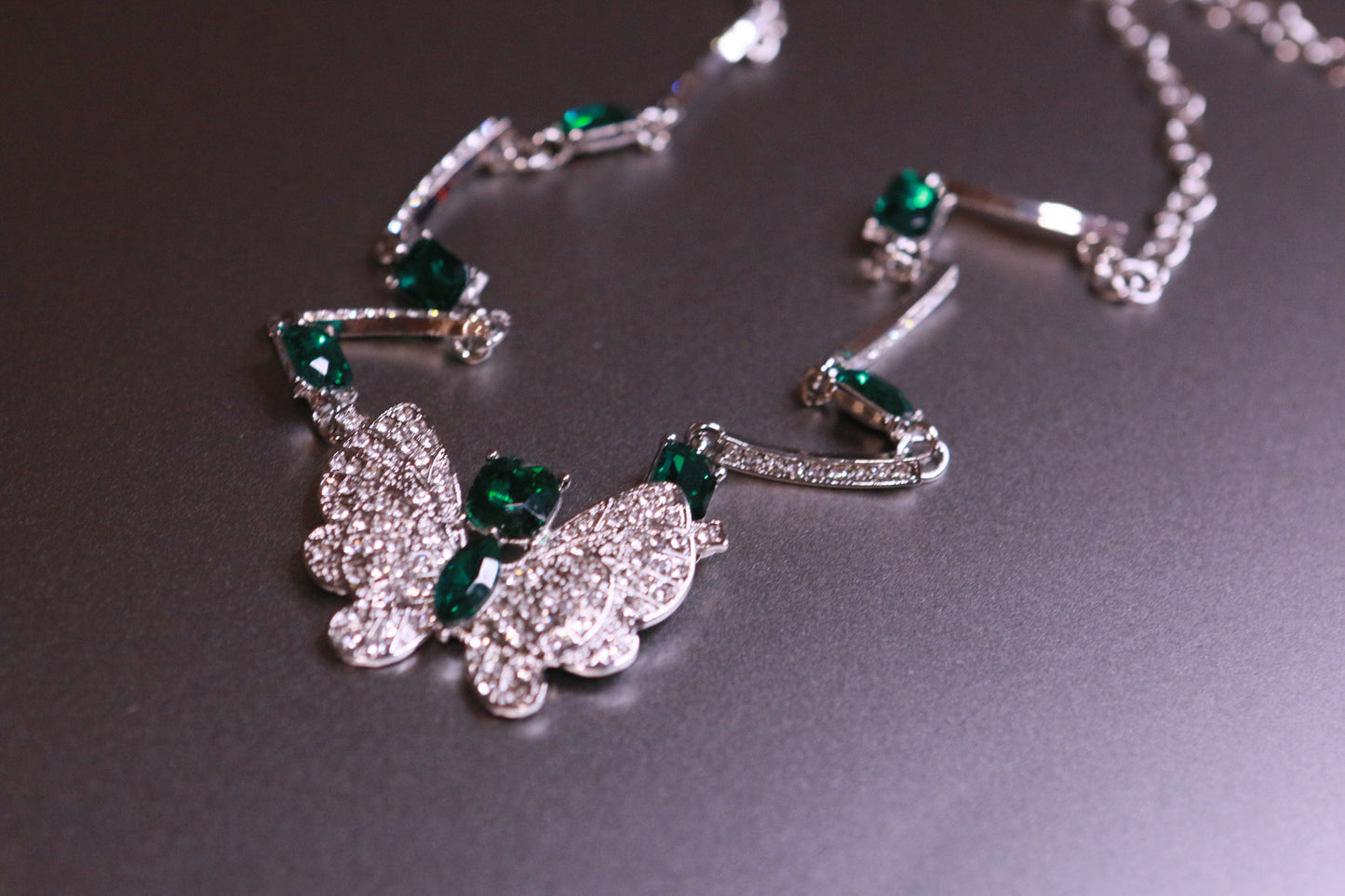 Diamond-Encrusted Butterfly Green Gemstone Necklace