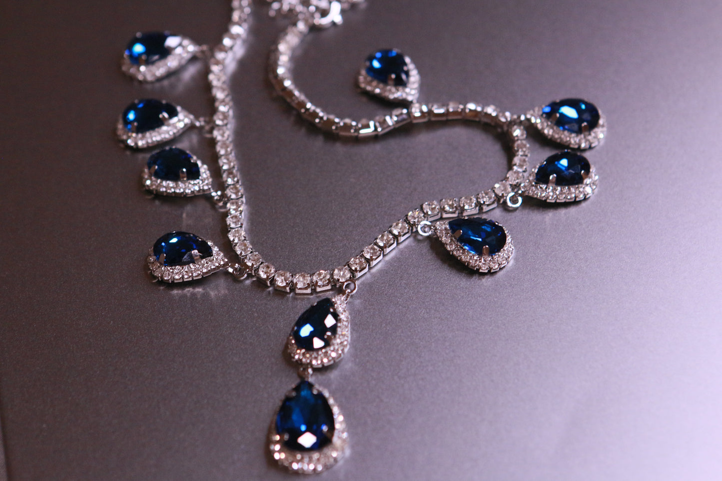 Teardrop Diamond-Set Gemstone Blue Necklace