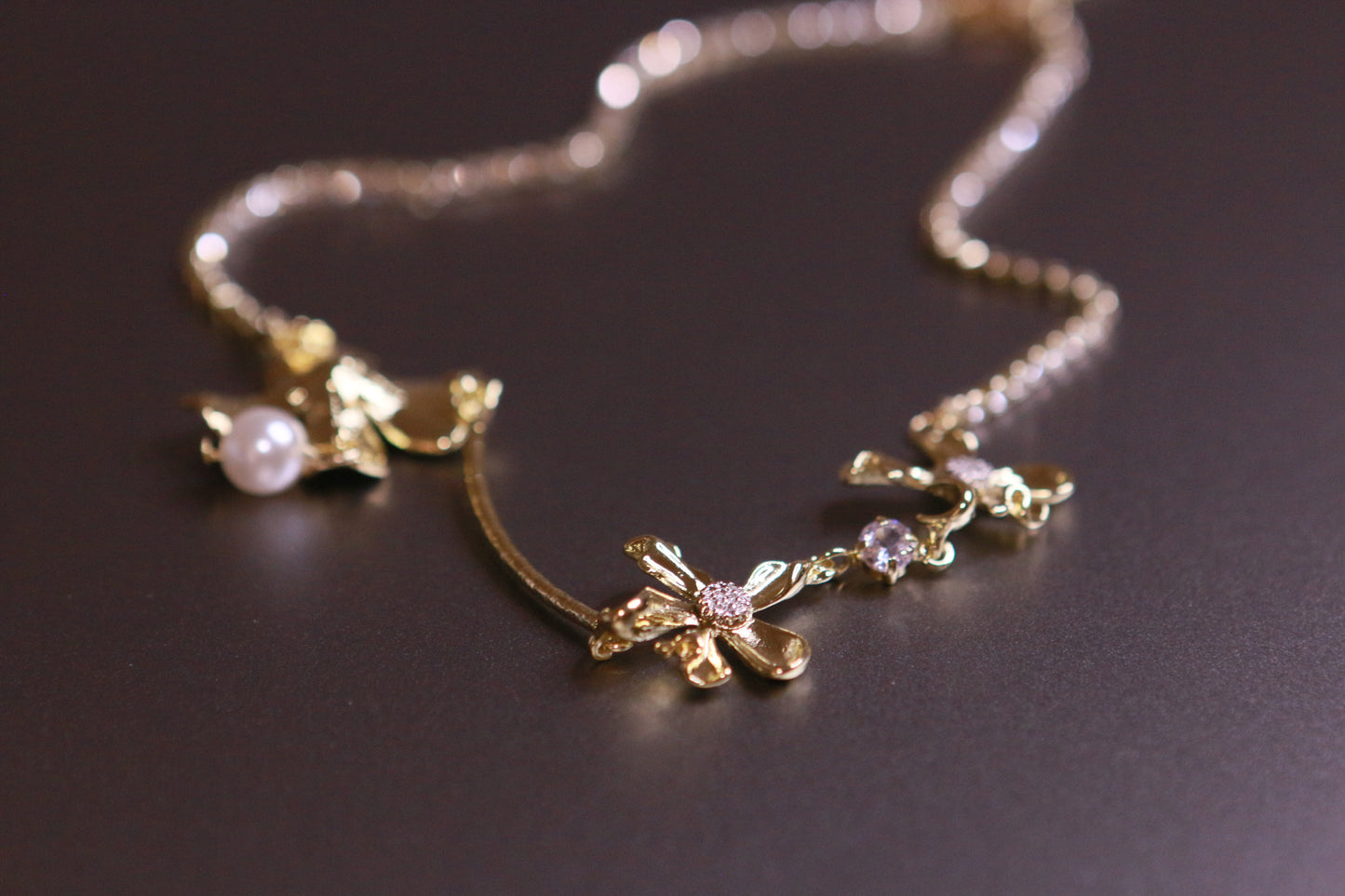 Pearl and Diamond Necklace with Flowers